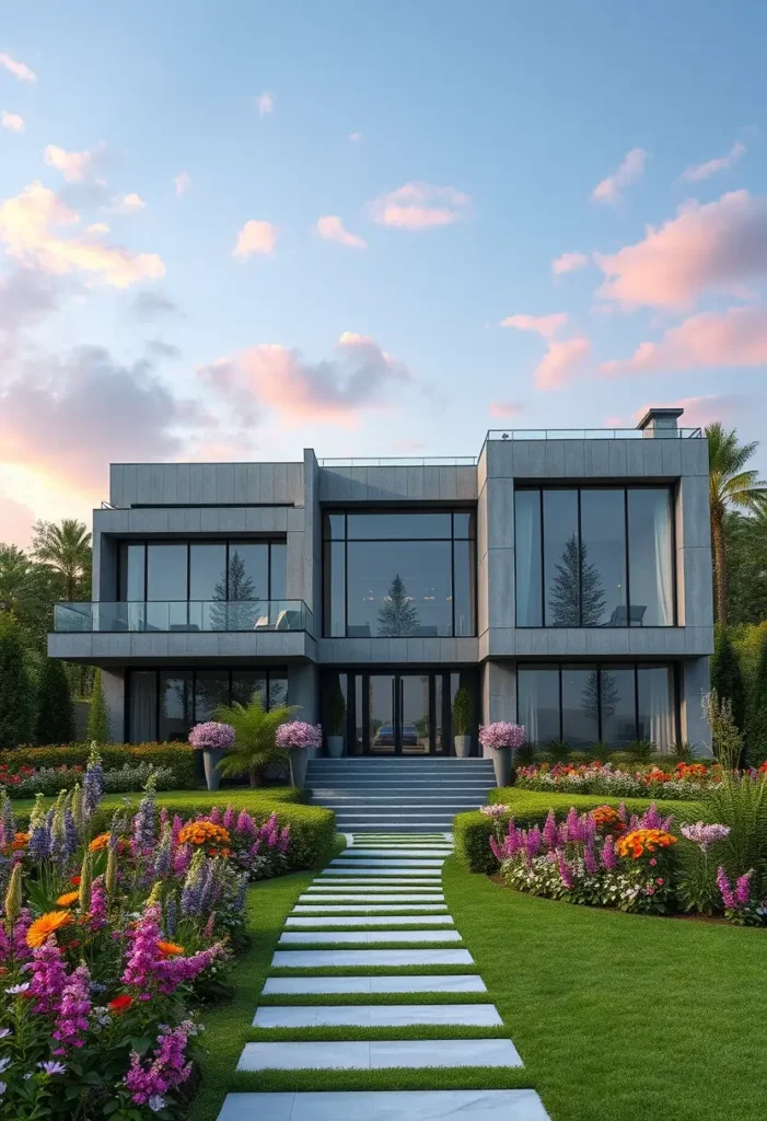 Luxury minimalist home with large glass windows, a sleek stone pathway, and colorful flower gardens under a soft pastel sky.