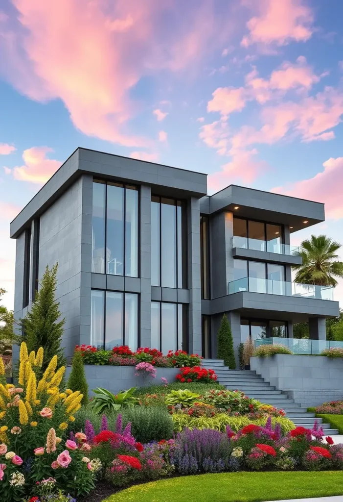 Modern luxury home with geometric architecture, large glass windows, and colorful flower gardens under a pastel sky.