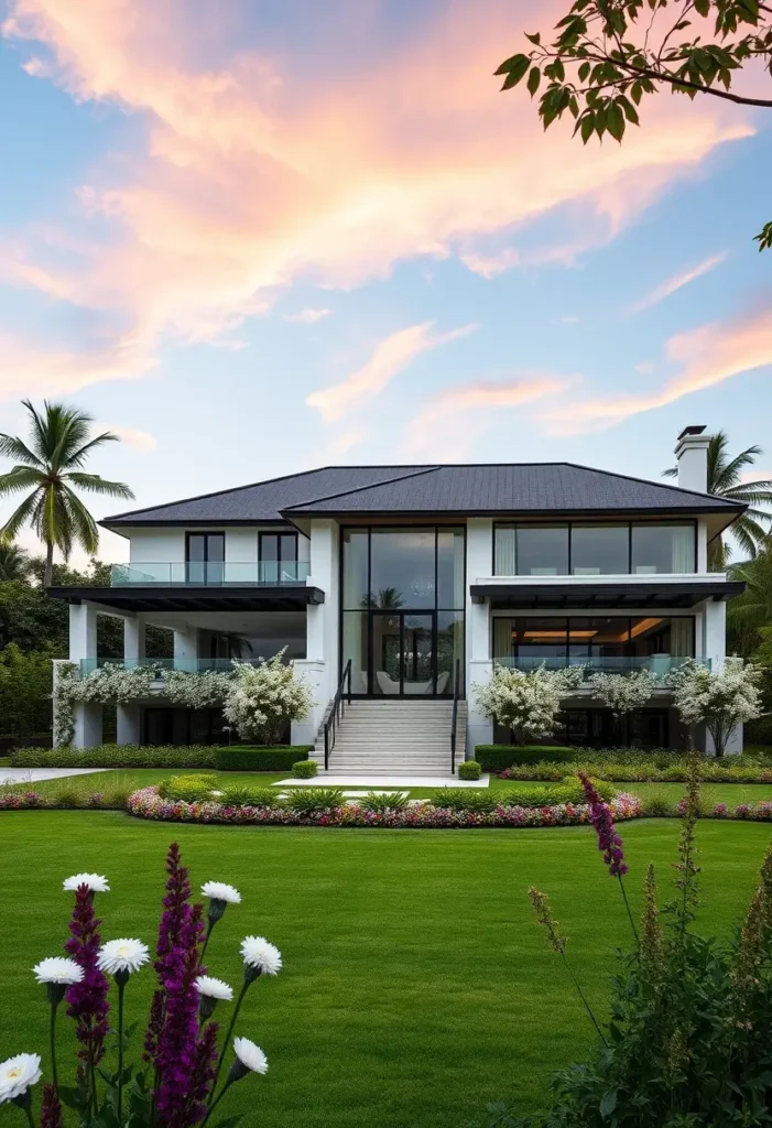 Modern luxury home with symmetrical design, glass windows, white flowering plants, and a vibrant green lawn under a pastel sky.