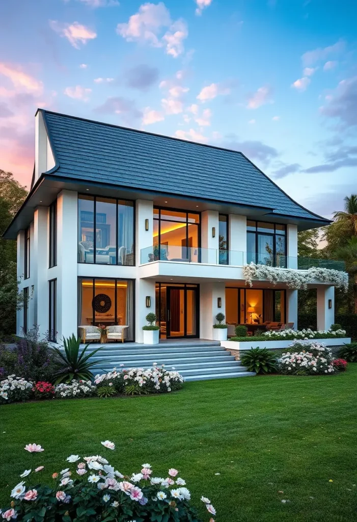 Elegant modern home with large glass windows, cascading white flowers, a lush green lawn, and pastel skies at dusk.