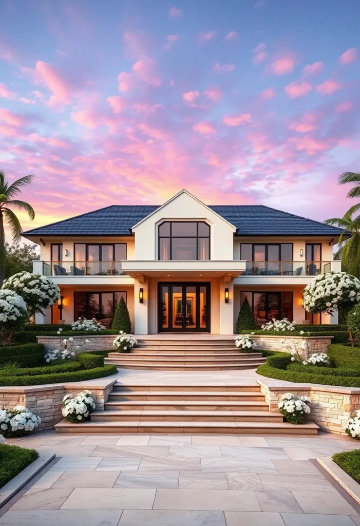 Elegant luxury home with a symmetrical design, tiered stone staircase, white floral landscaping, and large glass windows under a vibrant sunset sky.