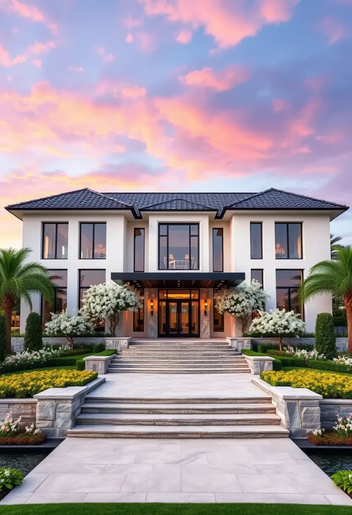 Elegant luxury home with symmetrical architecture, tiered steps, white blooming trees, and large glass windows under a pastel sky.