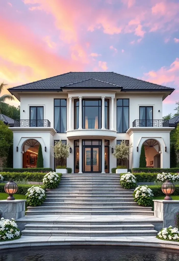 Luxury home with classical columns, tiered steps, curved balcony, lush greenery, and a pastel sky backdrop.