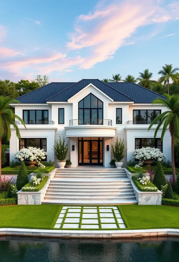 Elegant waterfront home with symmetrical architecture, tiered steps, manicured gardens, and large glass windows overlooking a calm body of water.