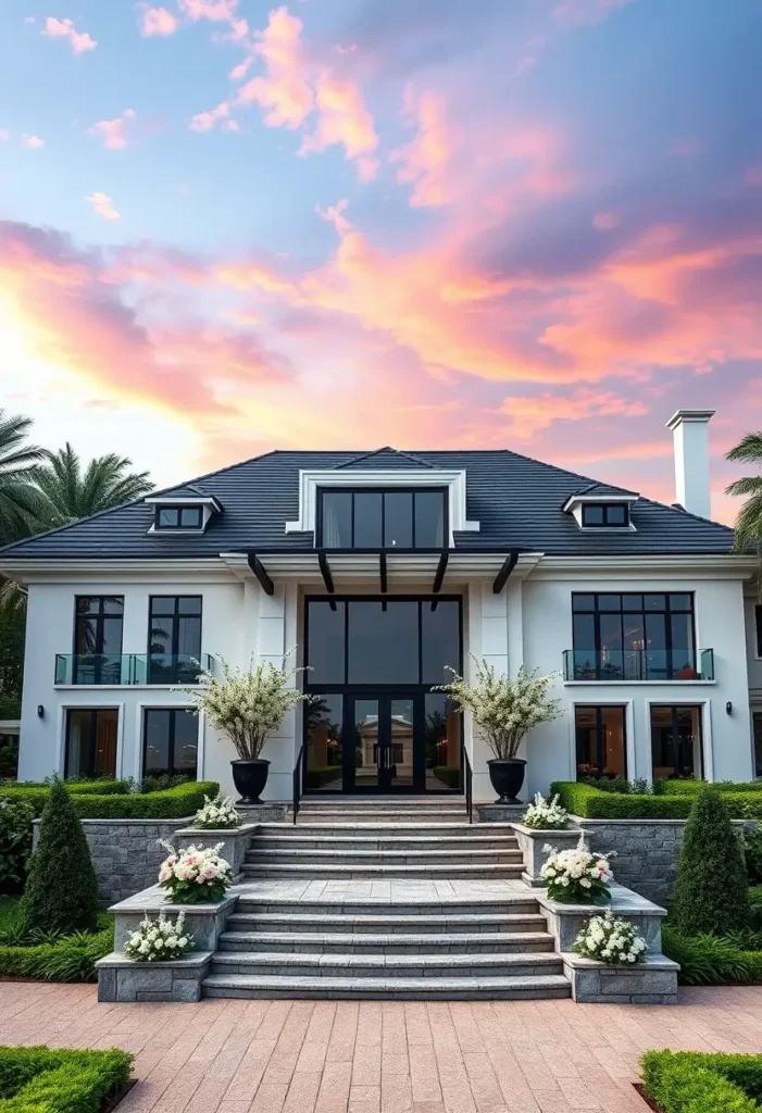 Luxury home with a grand entrance, tiered steps, white floral accents, and large glass windows under a pastel sunset sky.