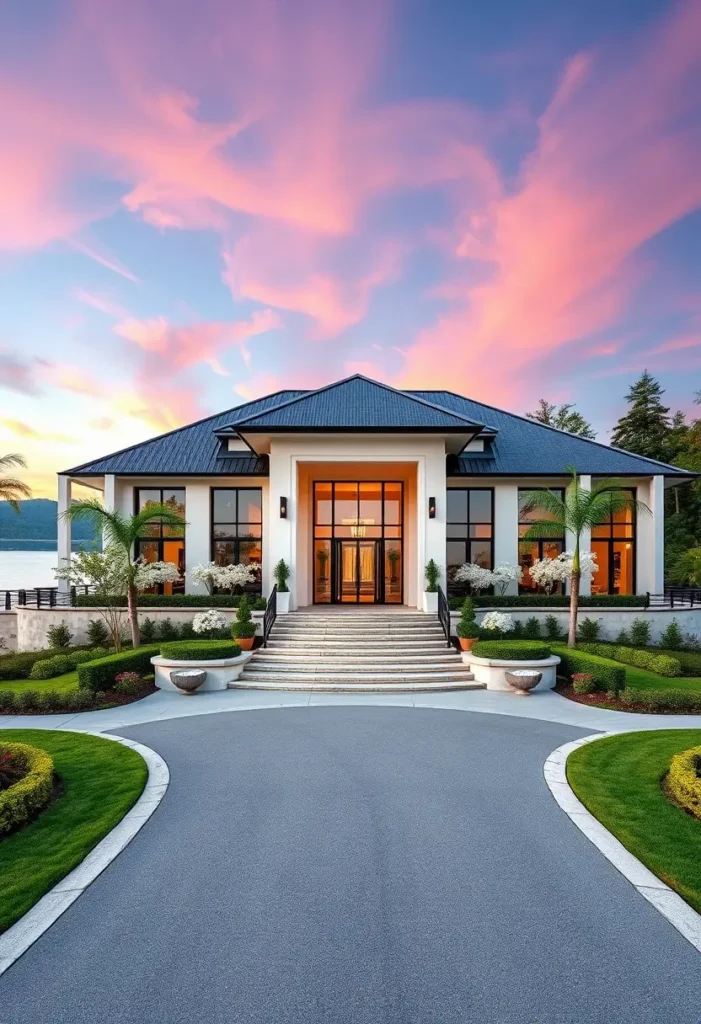 Elegant coastal home with tiered steps, glass windows, lush gardens, and a pastel sunset sky reflecting on the waterfront.