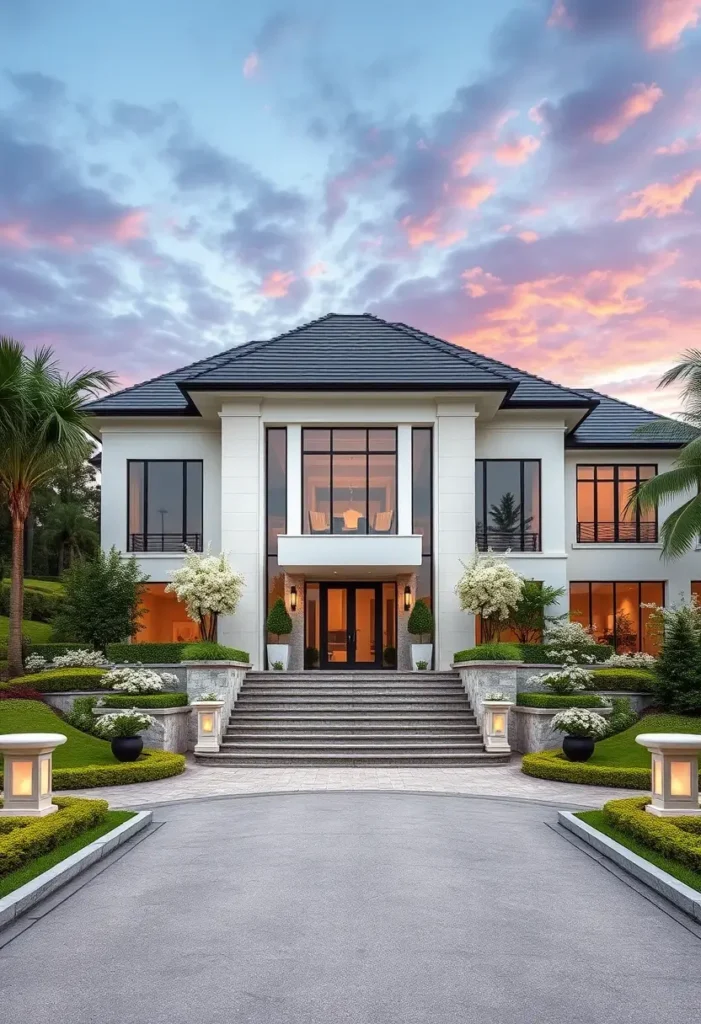 Luxury home with symmetrical design, tiered steps, lush landscaping, and large glass windows under a vibrant sunset sky.