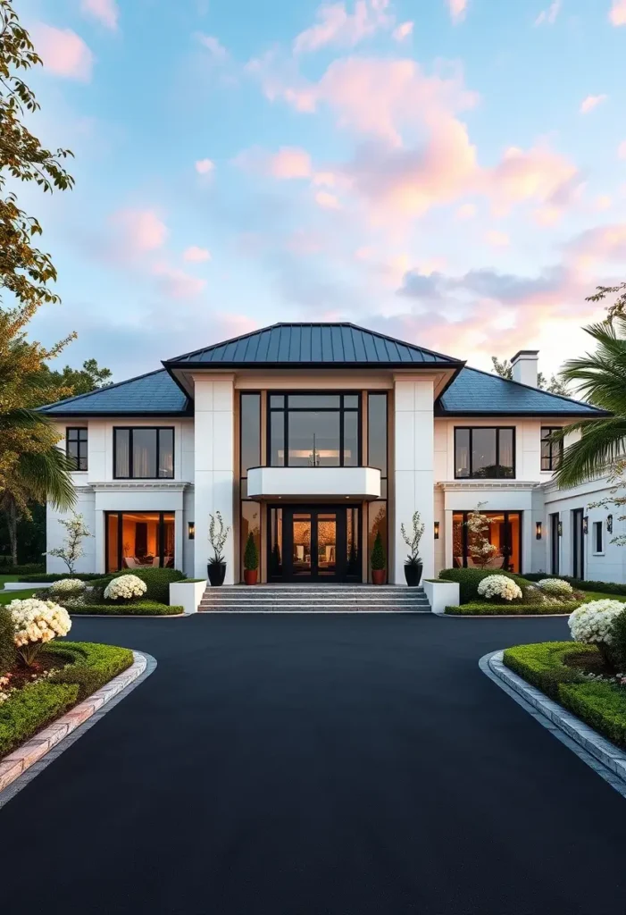 Modern luxury home with symmetrical design, tiered steps, lush landscaping, and large glass windows under a pastel sky.