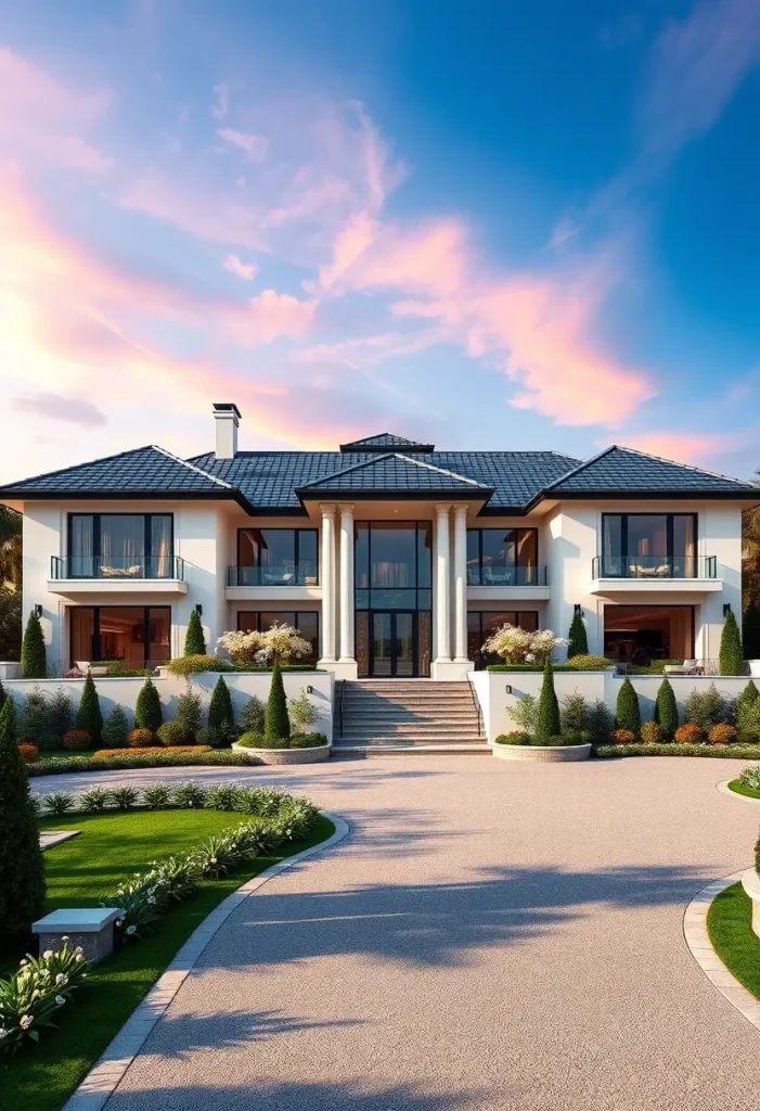 Luxury home with grand columns, tiered steps, manicured gardens, and expansive glass windows under a vibrant sunset sky.