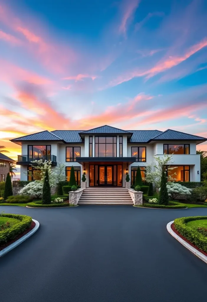 Luxury home with symmetrical design, tiered steps, manicured gardens, and expansive glass windows under a vibrant sunset sky.