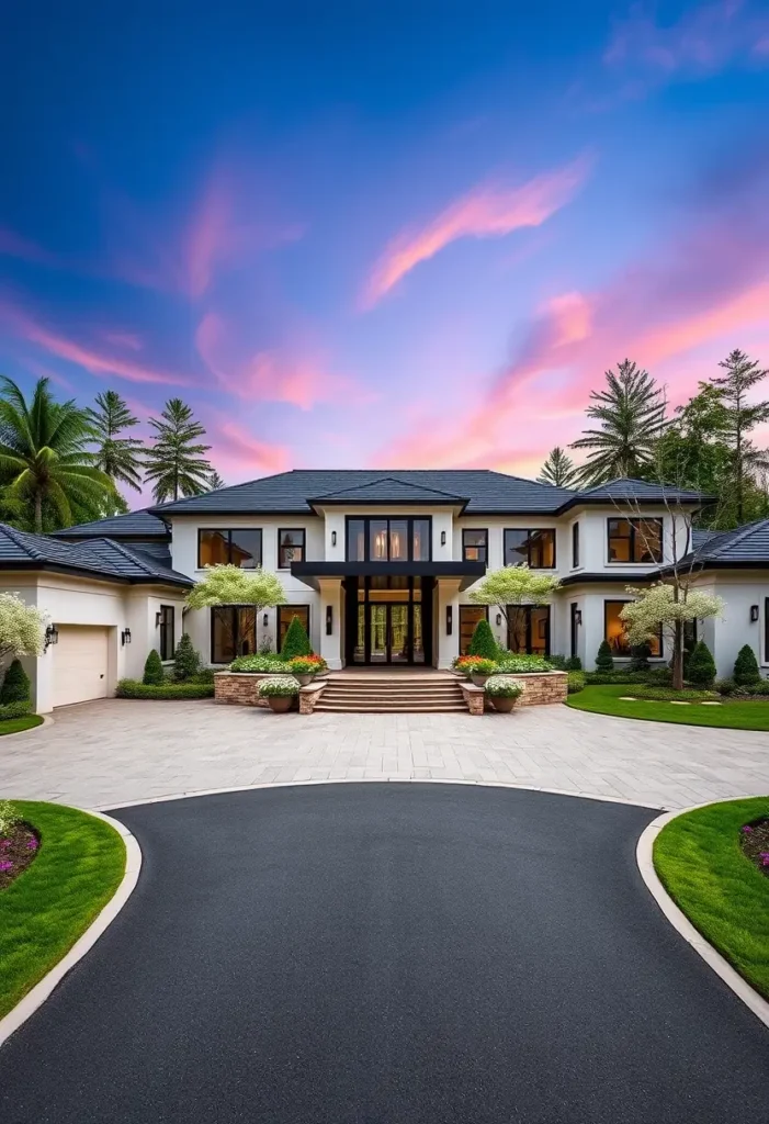 Modern luxury home with circular driveway, lush landscaping, and warm lighting under a serene pastel sky.