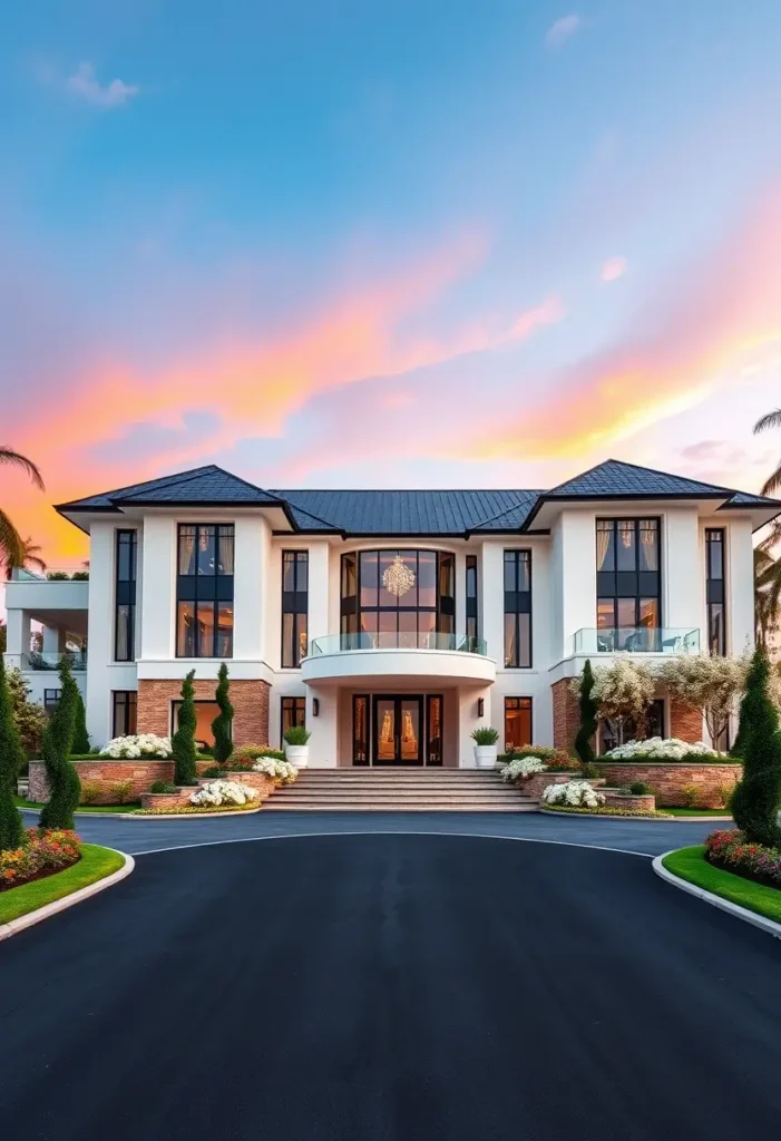 Grand luxury home with symmetrical design, manicured landscaping, and a chandelier glowing through tall glass windows.