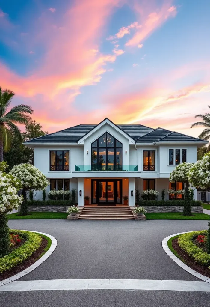 Modern luxury home with symmetrical design, gable roofline, and manicured landscaping.