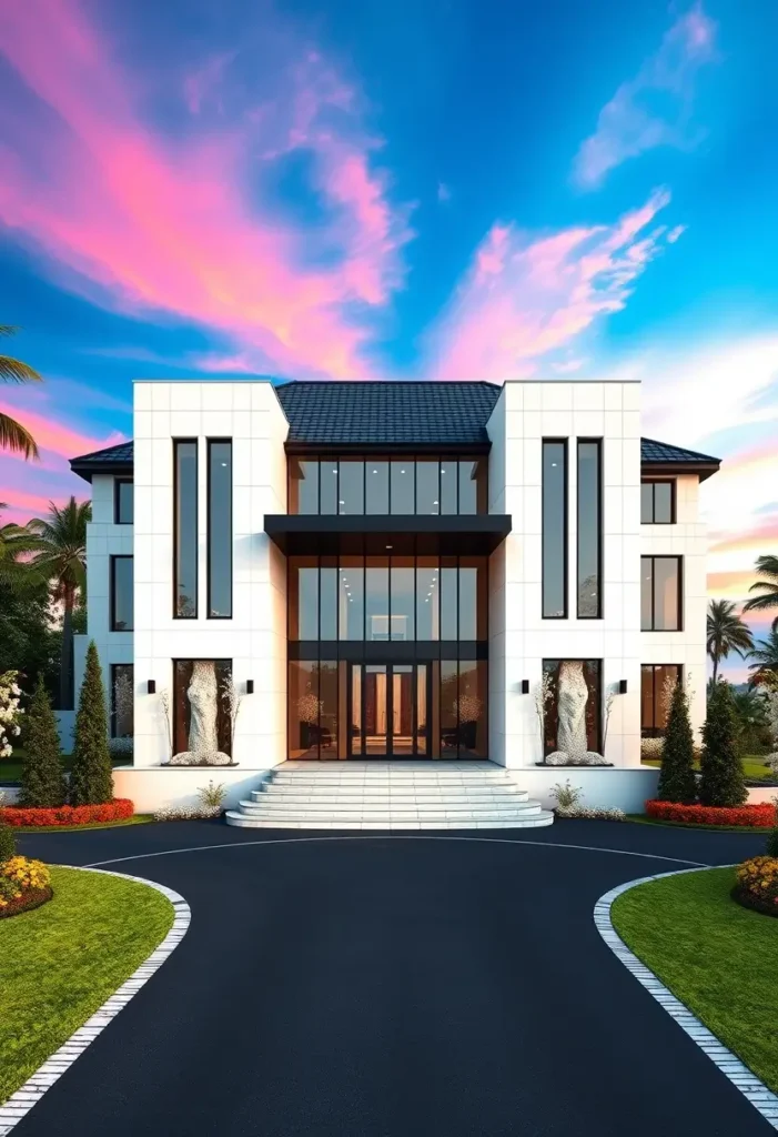 Luxury modern house with a symmetrical design, tall windows, and bold architectural elements.