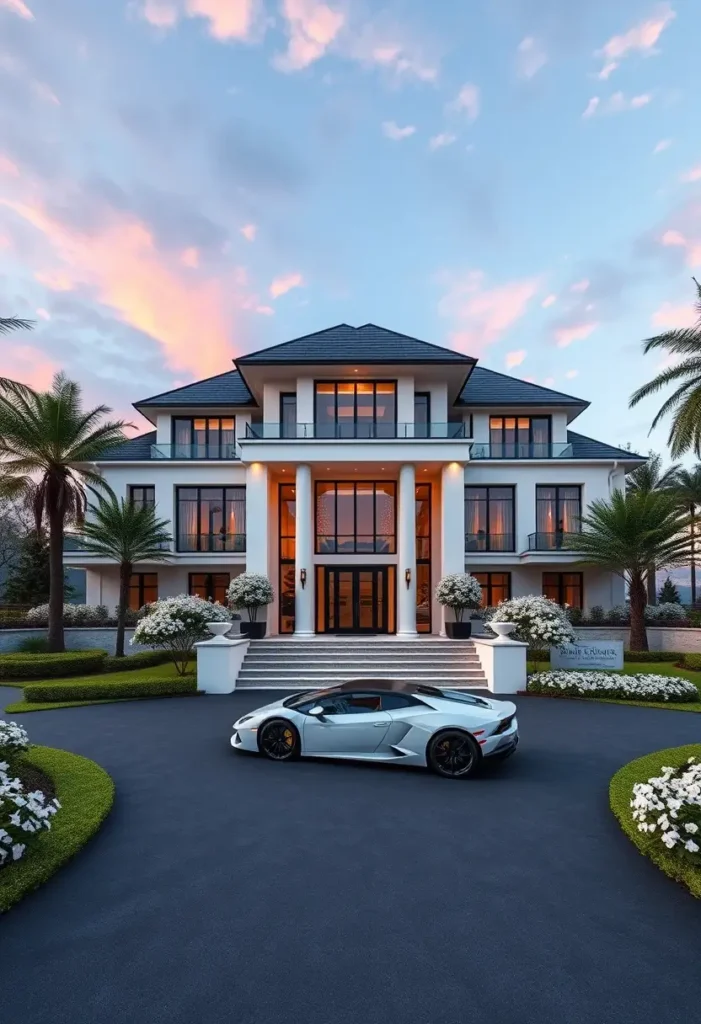 Elegant luxury home with white columns, large windows, and a sports car in the driveway. Luxury House Trends