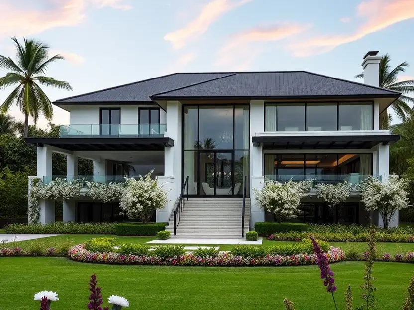 Modern luxury home with symmetrical design, glass windows, white flowering plants, and a vibrant green lawn under a pastel sky.