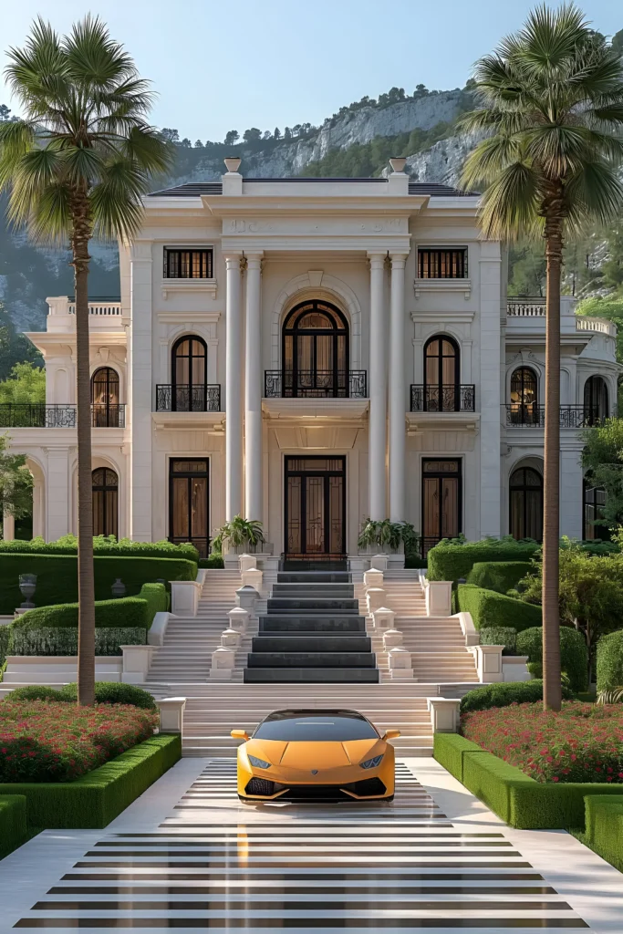 Luxury mansion with grand white columns, manicured gardens, a stately staircase, and a yellow supercar parked at the entrance.