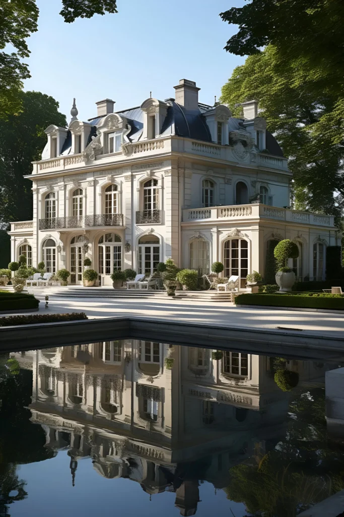 French chateau-style mansion with arched windows, ornate detailing, a mansard roof, and a serene reflection in a pool surrounded by lush greenery.