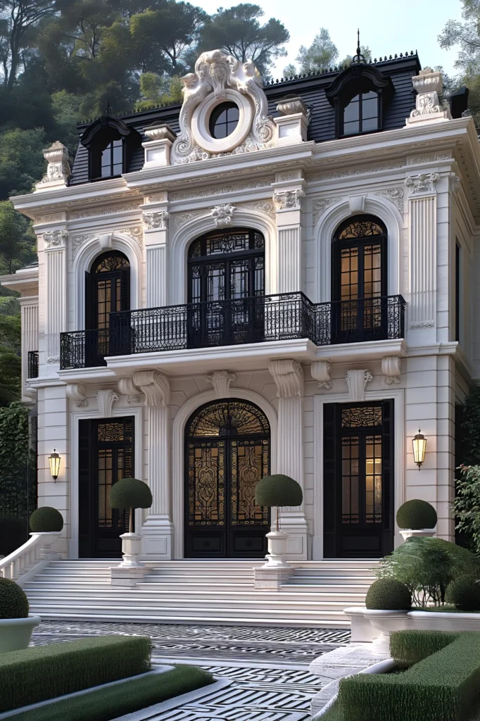 Luxury mansion with ornate white facade, intricate wrought-iron doors, sculpted topiary, and black accents, set against lush greenery.