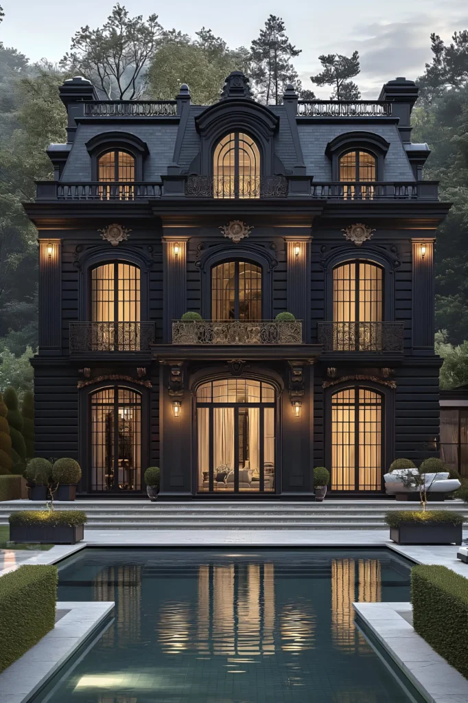 Luxury mansion with a black facade, golden lighting, intricate balconies, and a reflective pool, set against a lush forested backdrop.