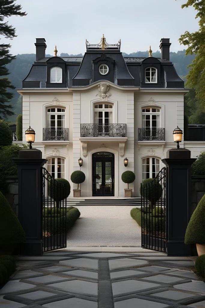 Luxury mansion with a gated entrance, symmetrical facade, wrought-iron balconies, manicured topiary, and gold-tipped roof ornaments.