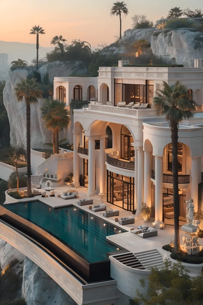 Luxury mansion on a cliffside with an infinity pool, Mediterranean-inspired arches, grand columns, palm trees, and outdoor seating overlooking a sunset.