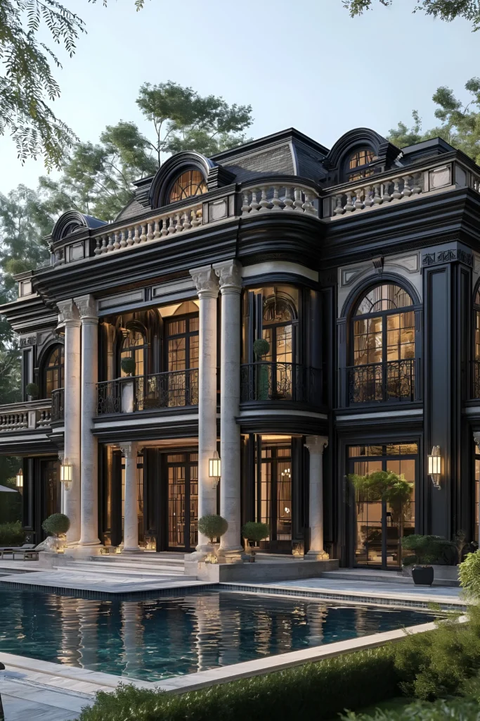 Luxury mansion with a black facade, white columns, ornate balconies, warm lighting, and an expansive pool surrounded by sculpted greenery.