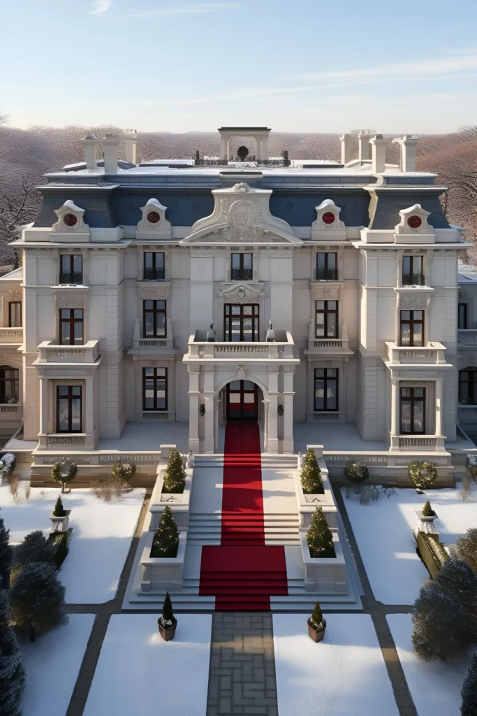 Grand white mansion in a snowy setting with a red carpet entrance, arched doorway, intricate detailing, and evergreen landscaping.