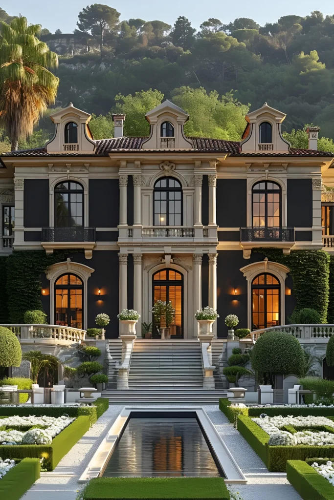 Luxury mansion with a black and cream facade, arched windows, ornate columns, and a garden featuring a reflecting pool and symmetrical flower beds.