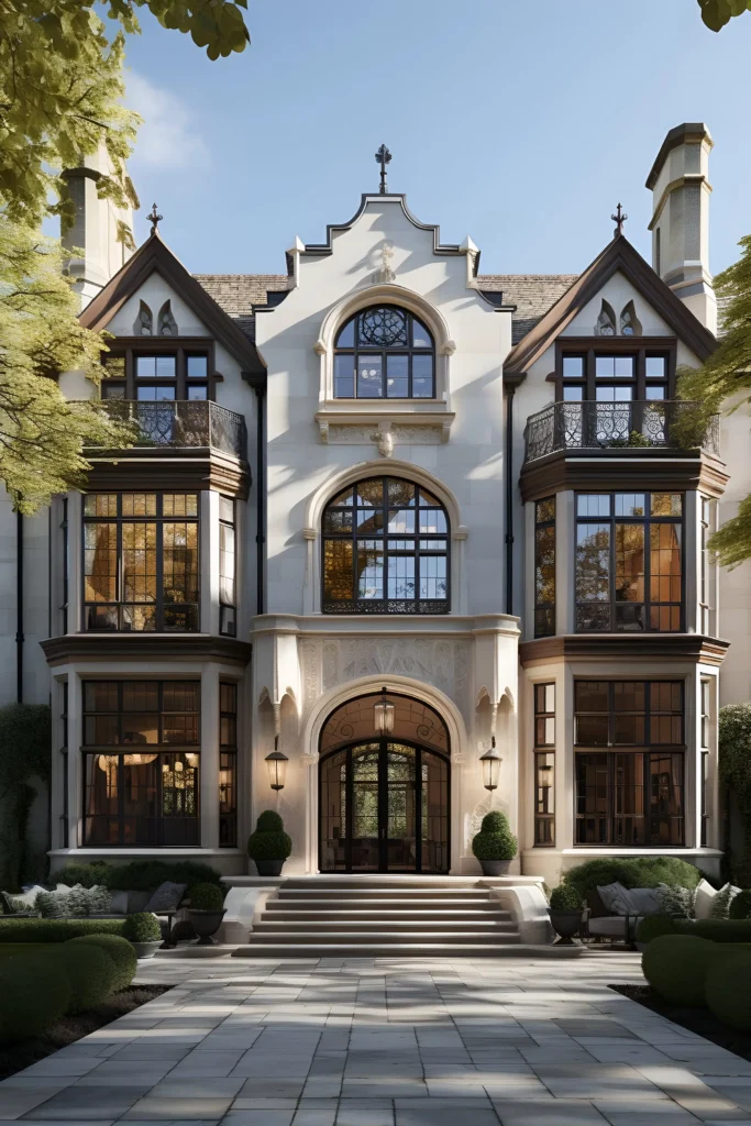 Luxury mansion with Gothic Revival architecture, intricate window frames, cream facade, wrought-iron balconies, and lush greenery.