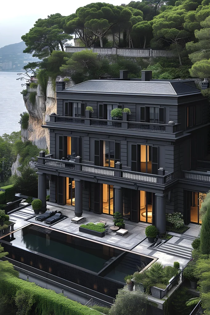 Modern black cliffside mansion with expansive balconies, infinity pool, and lush greenery overlooking serene waters.