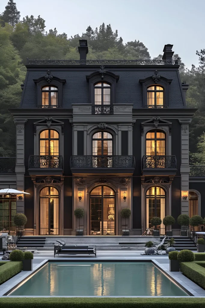 Luxury mansion with a black facade, arched windows, wrought-iron balconies, manicured topiary, and a sleek pool, surrounded by a forested backdrop.