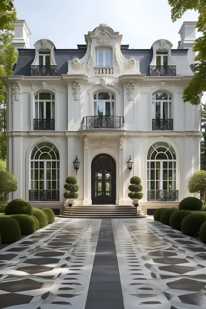 Luxury white mansion with French-inspired architecture, arched windows, wrought-iron balconies, a patterned driveway, and sculpted greenery.