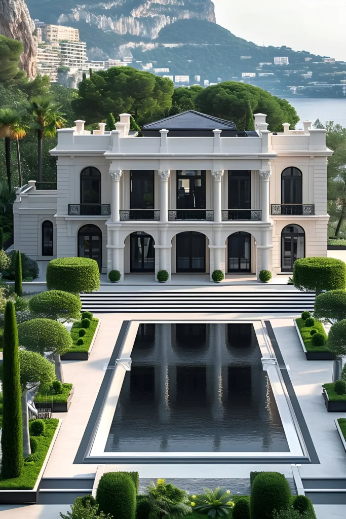 Grand mansion with towering columns, arched windows, reflective pool, and manicured symmetrical landscaping set against a scenic backdrop.