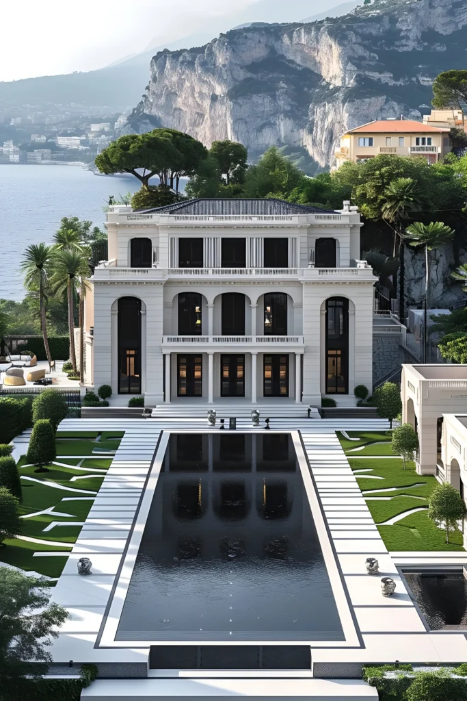 Luxury coastal mansion with a white facade, arched windows, expansive reflective pool, manicured lawns, and dramatic cliffside ocean views.