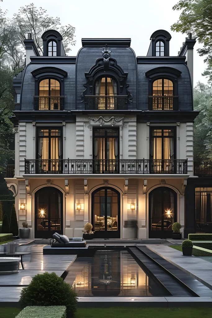 Luxury mansion with a dark mansard roof, ornate balconies, arched windows, reflective pool, and modern outdoor lounging areas.