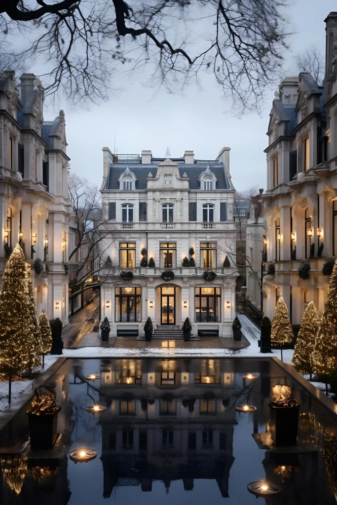 Luxury mansion with festive illuminated trees, wreaths, a reflective pool, and a snowy setting framed by classic architecture.