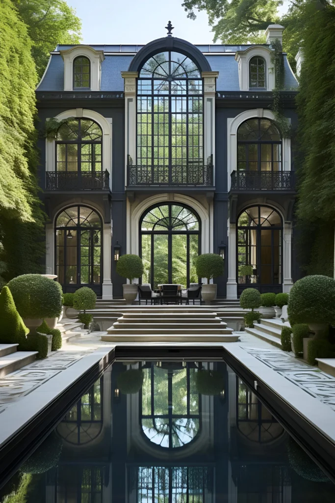 Luxury mansion with towering glass windows, arched frames, reflective pool, and manicured greenery in a serene garden setting.