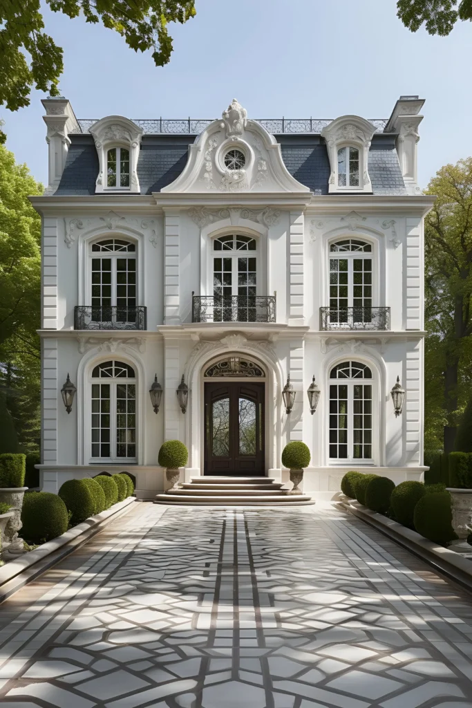 Luxury mansion with Parisian architecture, symmetrical facade, wrought-iron balconies, sculpted greenery, and a patterned driveway.