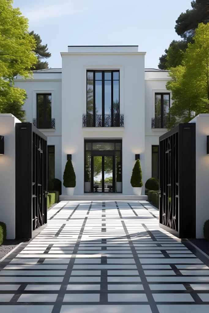 Modern luxury mansion with a minimalist white facade, black-framed windows, gated entrance, and a patterned driveway surrounded by lush greenery.