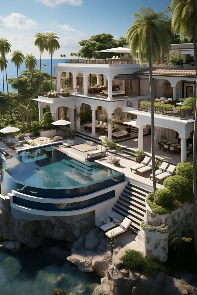 Oceanfront luxury mansion with cascading terraces, infinity pool, open-air living spaces, and tropical greenery overlooking the sea.