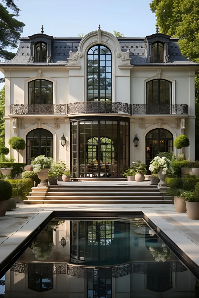 Luxury manor with curved glass entrance, ornate wrought-iron balconies, reflective pool, manicured greenery, and layered stone steps.