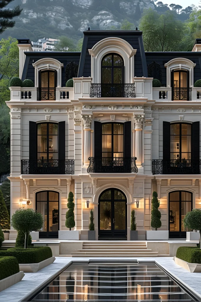 Luxury mansion with a mansard roof, ornate columns, wrought-iron balconies, manicured greenery, and a sleek reflective pool.