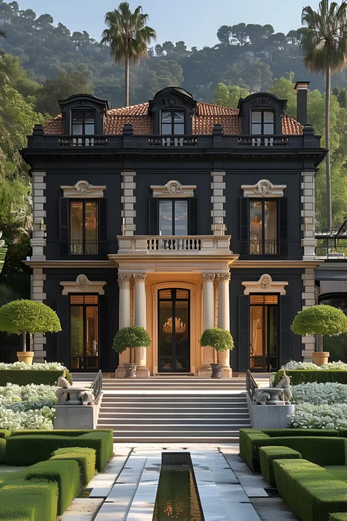 Mediterranean-inspired luxury mansion with a dark facade, terracotta roof, classical columns, manicured gardens, and a tranquil water feature.