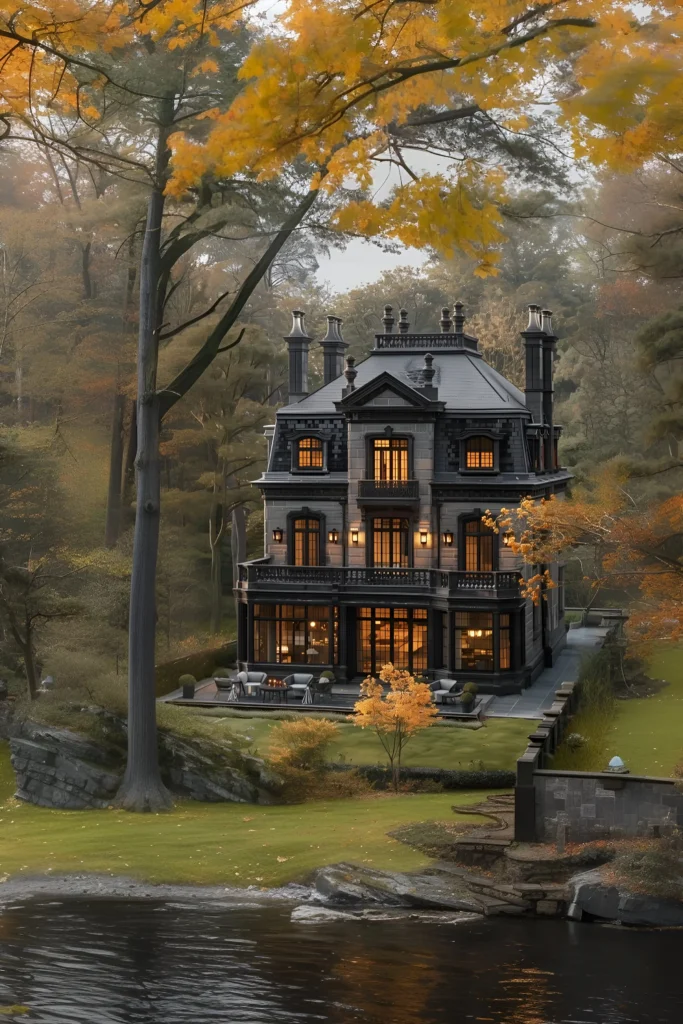 Gothic-inspired luxury mansion with a dark facade, warm glowing lights, surrounded by autumn foliage and a serene waterfront.