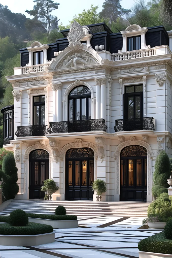 Baroque-style luxury mansion with intricate detailing, grand arched windows, wrought-iron balconies, and manicured greenery.