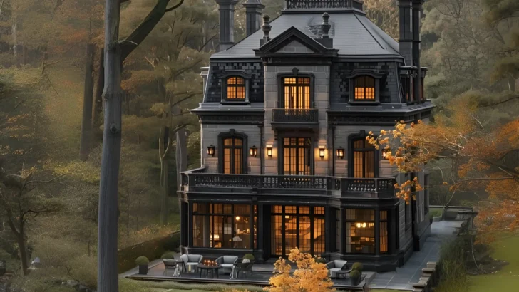 Gothic-inspired luxury mansion with a dark facade, warm glowing lights, surrounded by autumn foliage and a serene waterfront.