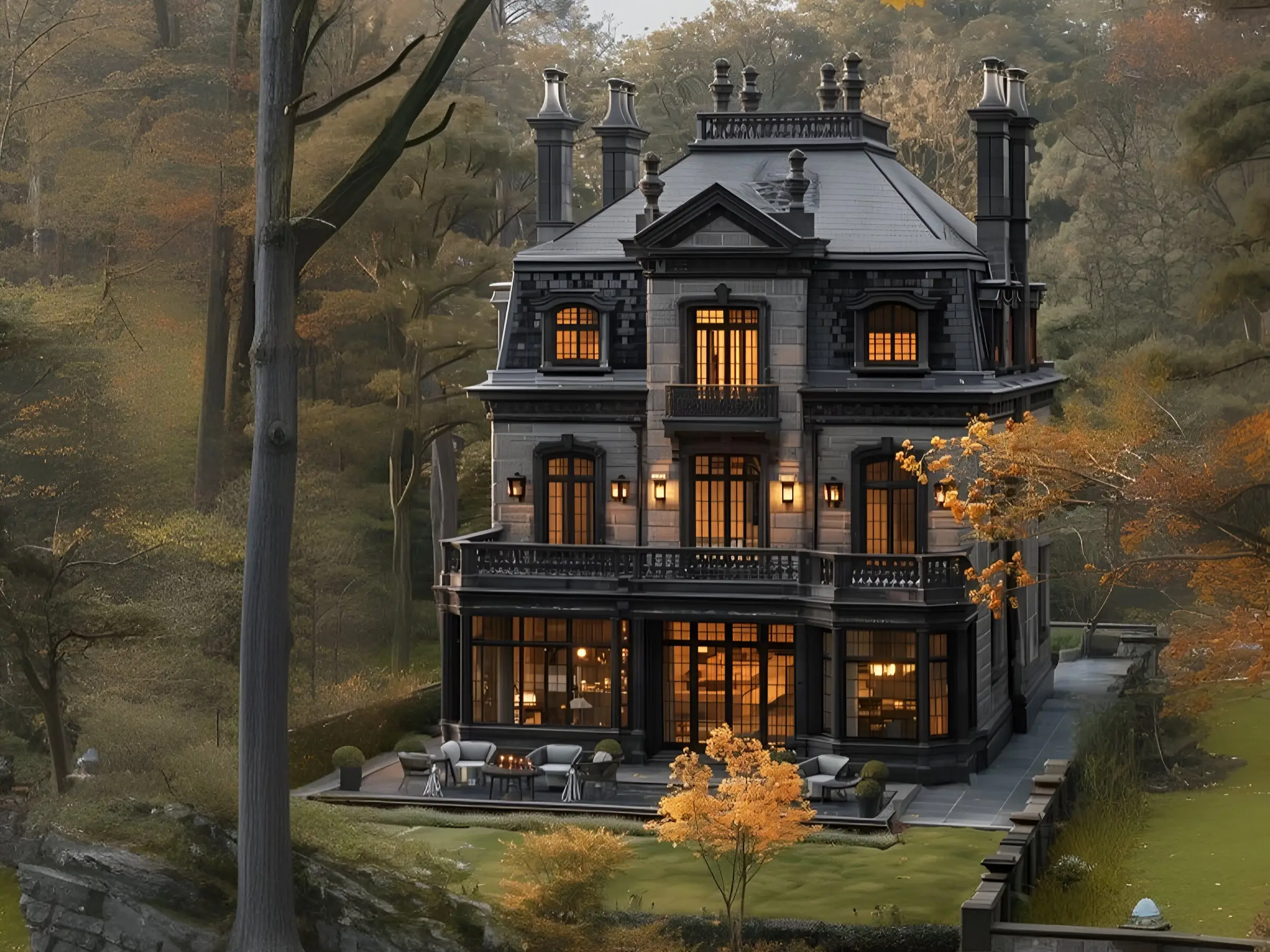 Gothic-inspired luxury mansion with a dark facade, warm glowing lights, surrounded by autumn foliage and a serene waterfront.