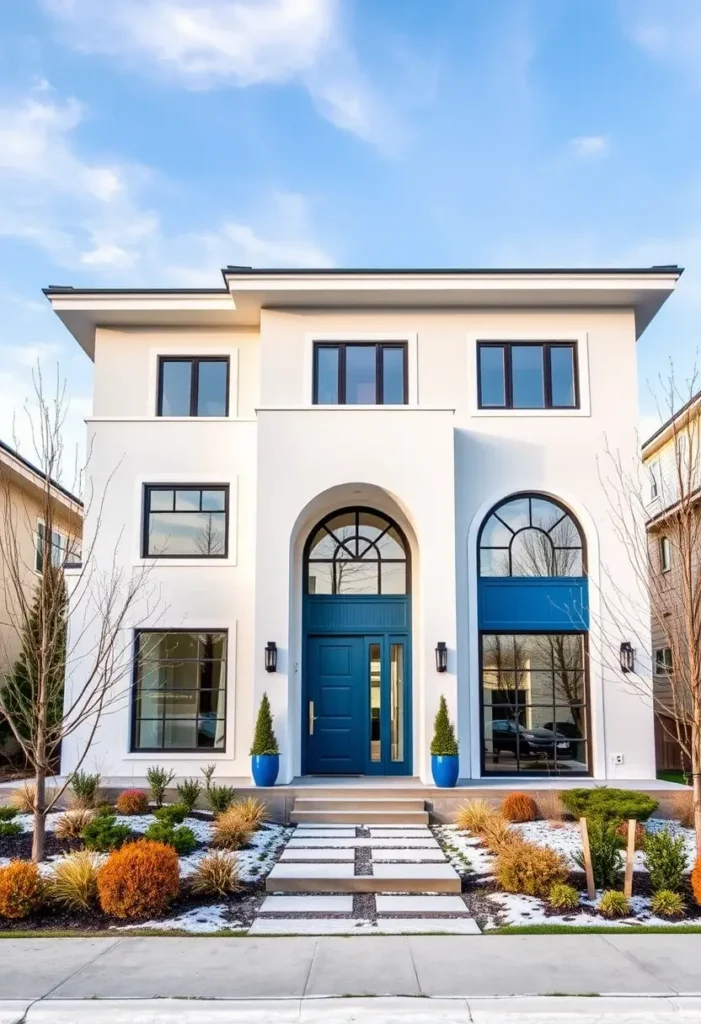 White Mediterranean modern home with blue accents and arched windows.