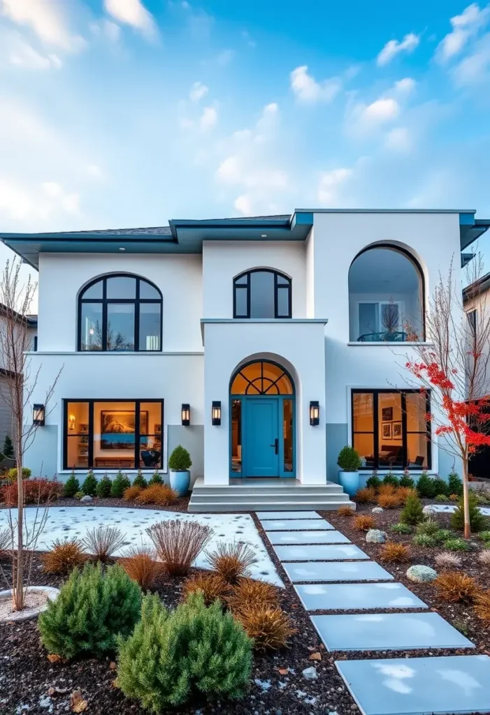 Mediterranean modern home with white stucco, arched windows, and blue front door.